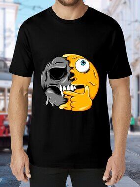 Black Short Sleeve Tee with Graphic Half-Skull Half-Emoji Print
